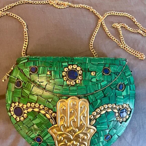 NWOT, RAMLA Clutch Moroccan Purse Mosaic turquoise green Hamsa Hand. Boho Chic - Picture 14 of 15